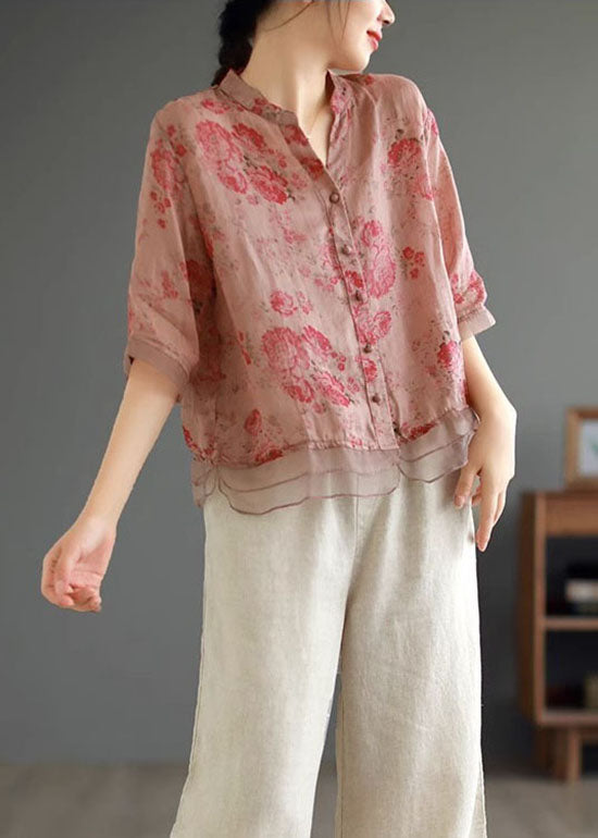 Classy Pink Print Button Patchwork Linen Shirts Top Summer