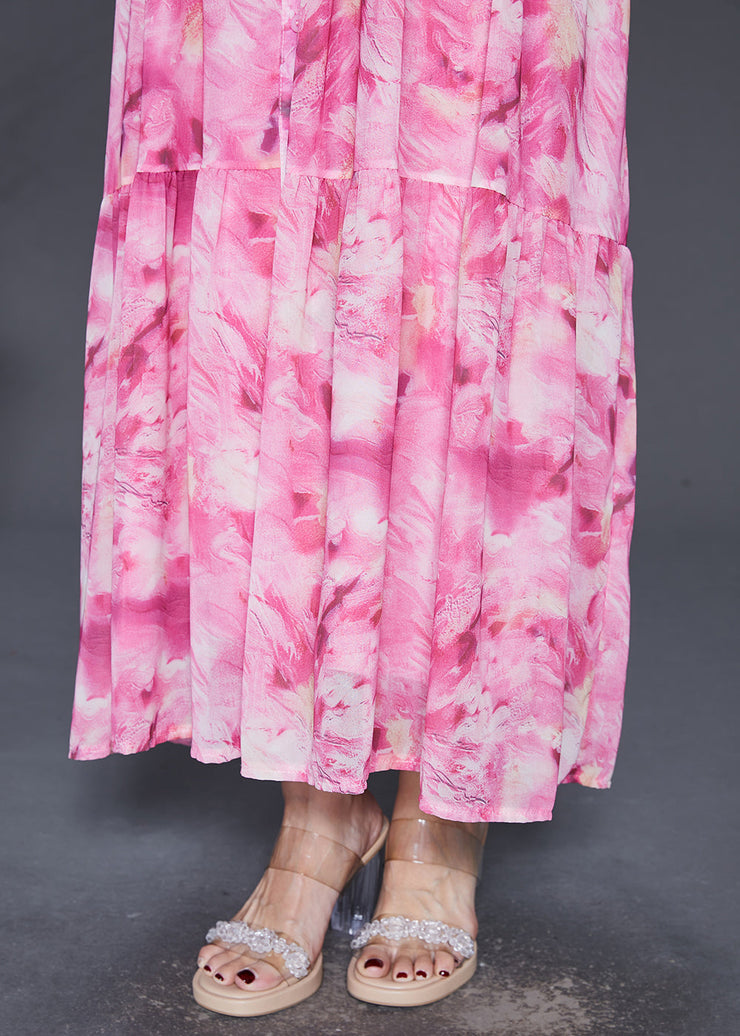 Classy Pink Ruffled Print Chiffon Spaghetti Strap Dress Summer