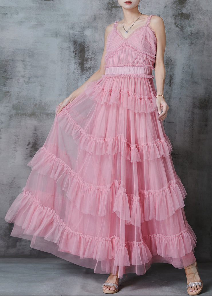 Classy Pink Ruffled Tulle Holiday Dress Summer