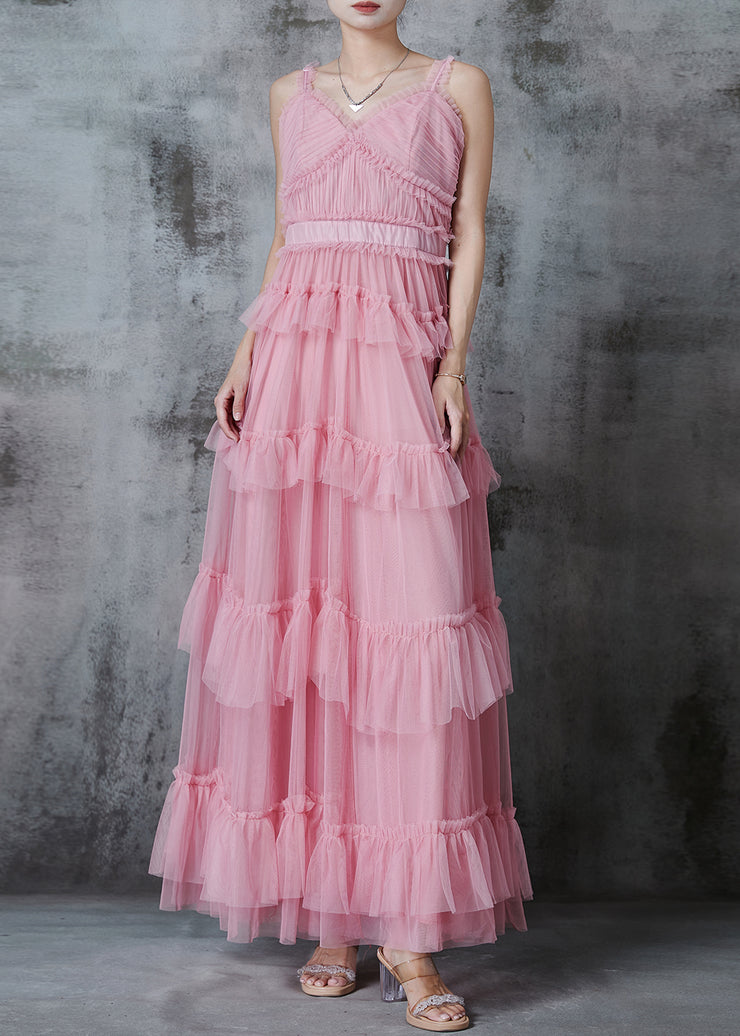 Classy Pink Ruffled Tulle Holiday Dress Summer