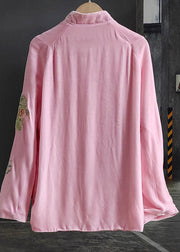 Classy Pink Stand Collar Embroideried Patchwork Silk Velour Outwear Spring