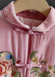 Classy Pink Stand Collar Embroideried Patchwork Silk Velour Outwear Spring