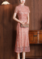 Classy Pink Stand Collar Lace Patchwork Long Dresses Summer