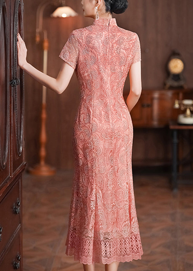 Classy Pink Stand Collar Lace Patchwork Long Dresses Summer