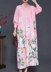 Classy Pink Stand Collar Print Chiffon Shirt Dresses Spring