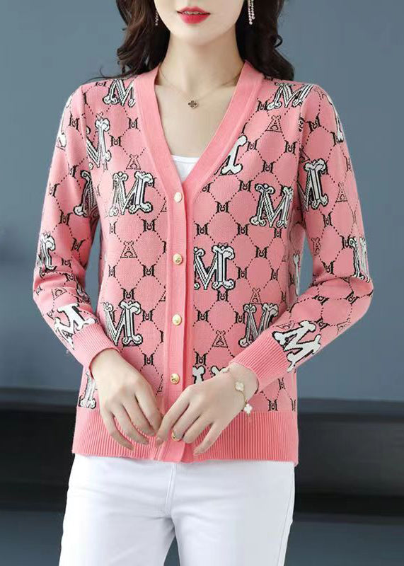 Classy Pink V Neck Jacquard Patchwork Woolen Loose Cardigans Fall