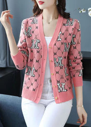 Classy Pink V Neck Jacquard Patchwork Woolen Loose Cardigans Fall