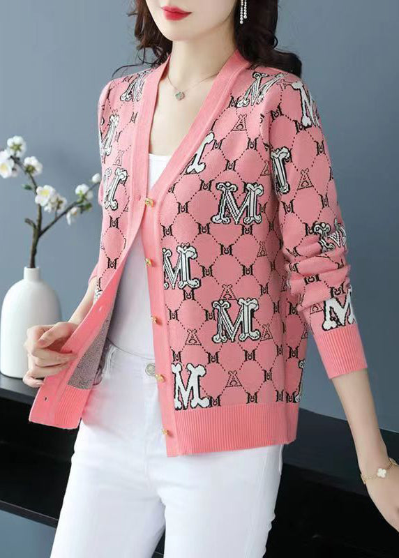 Classy Pink V Neck Jacquard Patchwork Woolen Loose Cardigans Fall