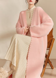 Classy Pink V Neck Nail Bead Cotton Knit Long Coat Spring