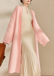 Classy Pink V Neck Nail Bead Cotton Knit Long Coat Fall