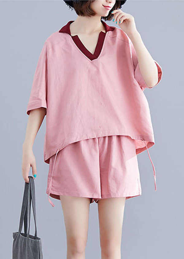 Classy Pink V Neck Oversized Cotton Two Pieces Set Batwing Sleeve