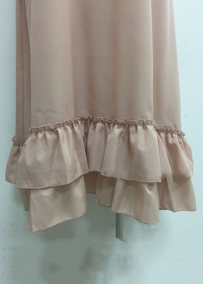 Classy Pink V Neck Ruffled Cotton Spaghetti Strap Dress Sleeveless