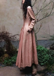 Classy Pink Wrinkled Button Pockets Cotton Maxi Dresses Spring