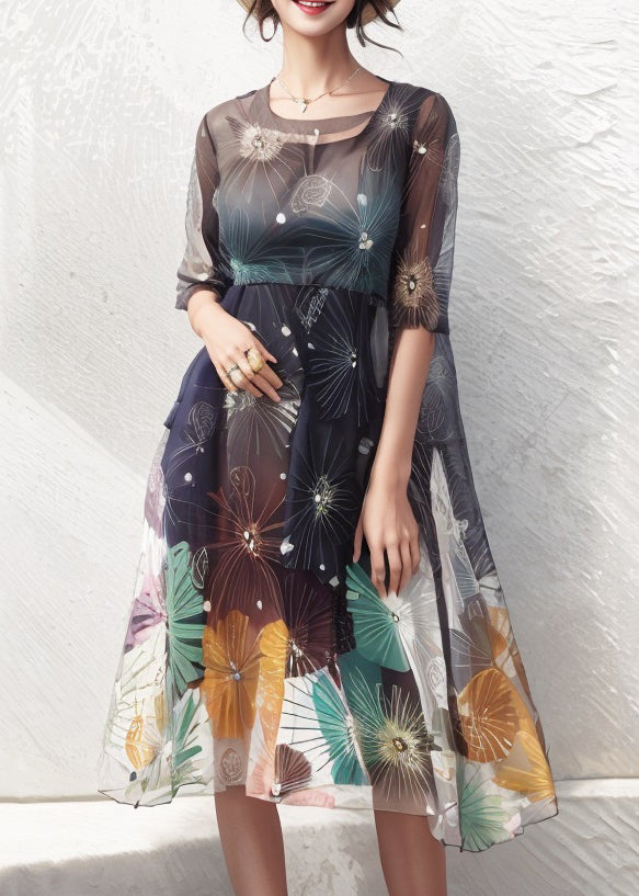 Classy Print High Waist Silk Dresses Half Sleeve