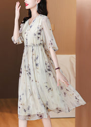 Classy Print V Neck Ruffled Drawstring Silk Dresses Summer