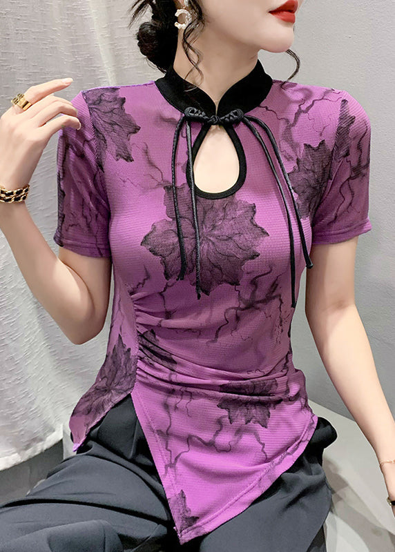 Classy Purple Asymmetrical Hollow Out Tops Short Sleeve