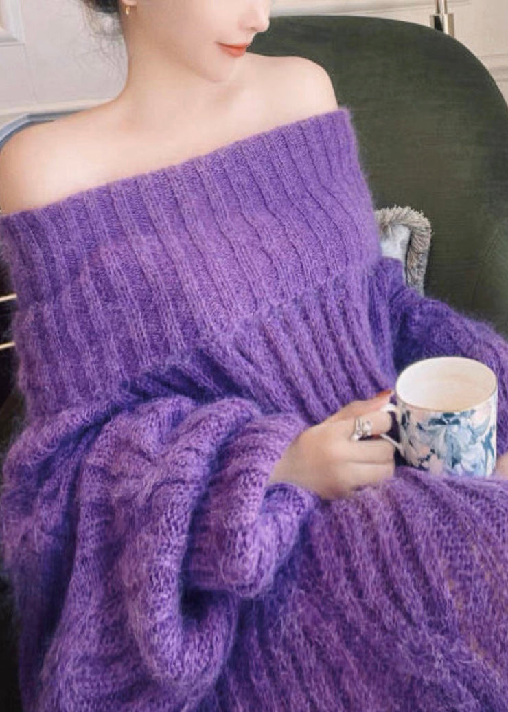 Classy Purple Cold Shoulder Patchwork Ma Hai Mao Knit Sweater Dress Winter