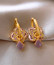 Classy Purple Copper Alloy Enamel Floral Hoop Earrings