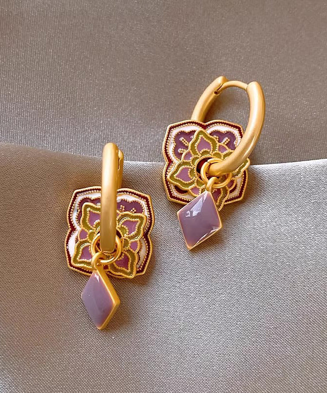 Classy Purple Copper Alloy Enamel Floral Hoop Earrings