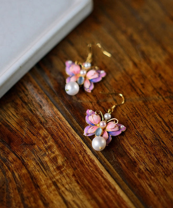 Classy Purple Copper Overgild Pearl Butterfly Drop Earrings