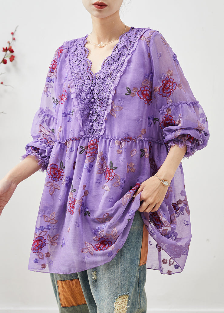 Classy Purple Embroidered Patchwork Lace Tops Summer