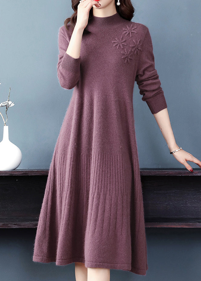 Classy Purple Embroideried Patchwork Woolen Dresses Fall