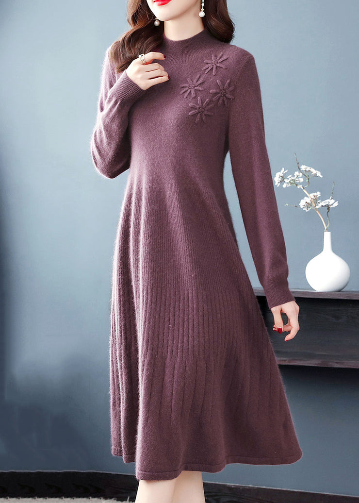 Classy Purple Embroidered Patchwork Woolen Dresses Fall