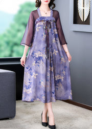 Classy Purple Lace Up Print Patchwork Silk Dress Half Sleeve