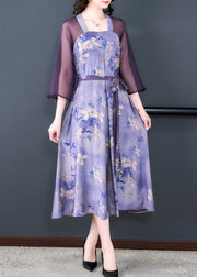 Classy Purple Lace Up Print Patchwork Silk Dress Half Sleeve