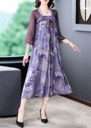 Classy Purple Lace Up Print Patchwork Silk Dress Half Sleeve