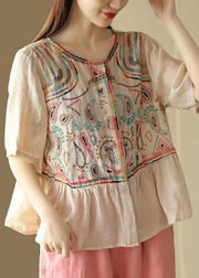 Classy Purple O-Neck Embroidered Patchwork Linen Blouse Tops Summer