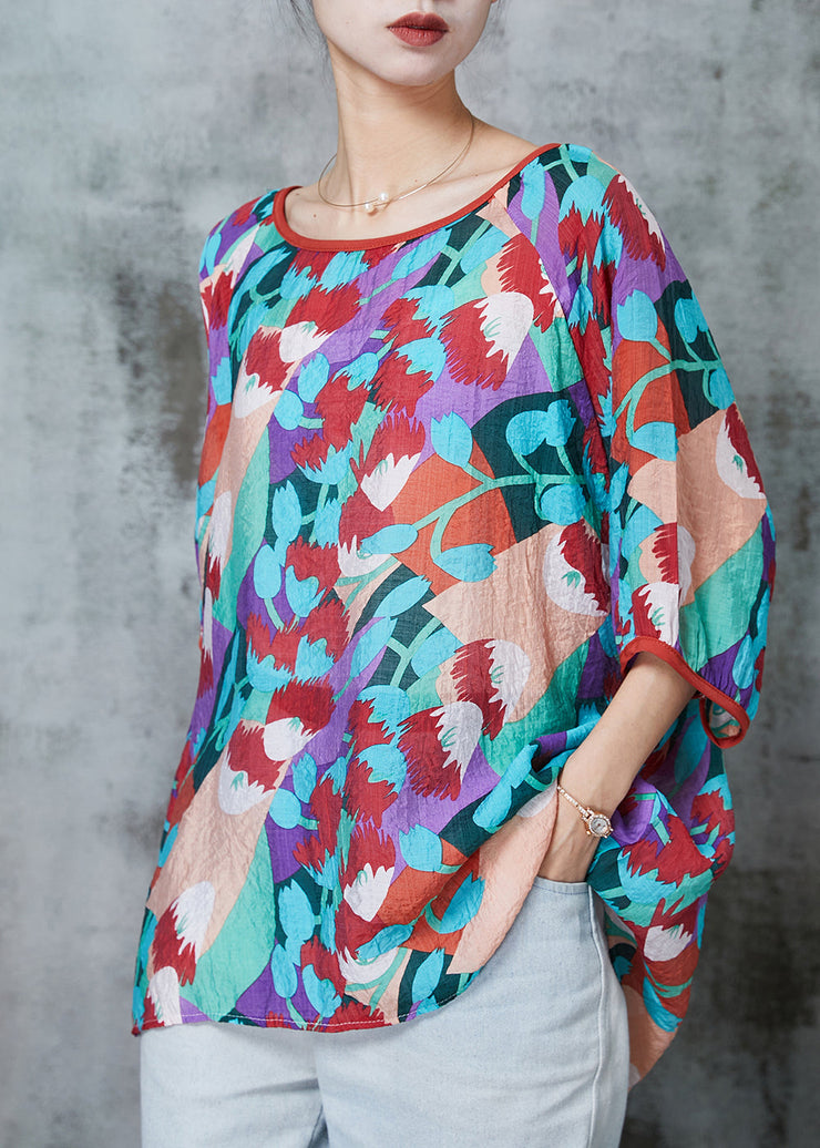 Classy Purple Oversized Print Cotton Blouse Tops Summer