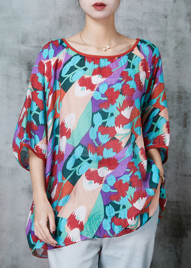 Classy Purple Oversized Print Cotton Blouse Tops Summer