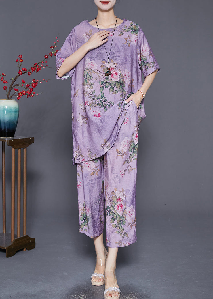 Classy Purple Oversized Print Linen Two Pieces Set Summer