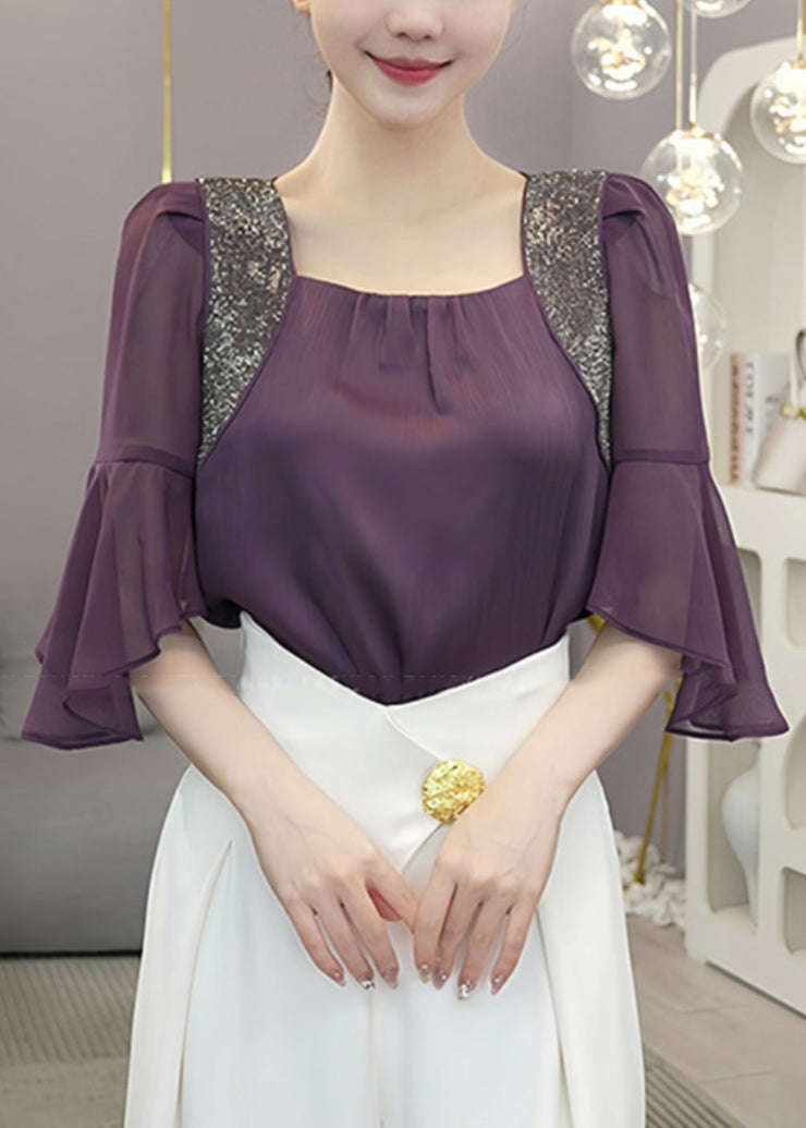 Classy Purple Square Collar Patchwork Chiffon Tops Butterfly Sleeve