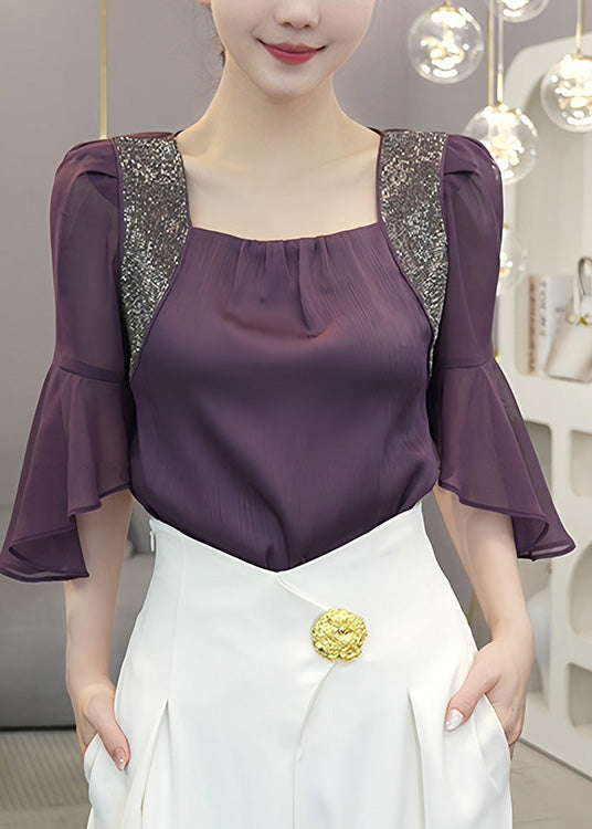 Classy Purple Square Collar Patchwork Chiffon Tops Butterfly Sleeve