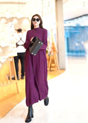 Classy Purple Stand Collar Solid Color Knit Long Sweater Dress Spring