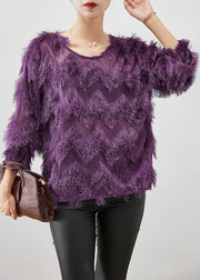 Classy Purple Tasseled Patchwork Cotton Top Fall