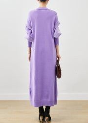 Classy Purple V Neck Patchwork Knit Long Sweater Lantern Sleeve