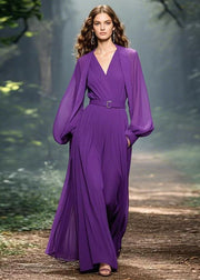 Classy Purple V Neck Pockets Patchwork Chiffon Maxi Dress Spring