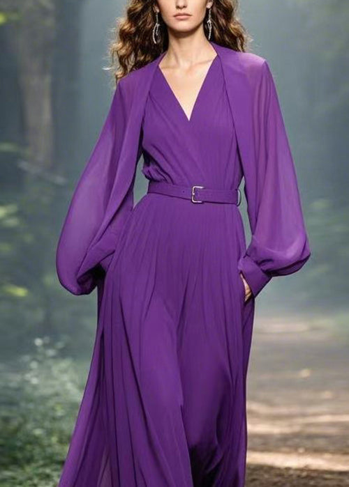 Classy Purple V Neck Pockets Patchwork Chiffon Maxi Dress Spring