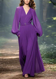 Classy Purple V Neck Pockets Patchwork Chiffon Maxi Dress Spring