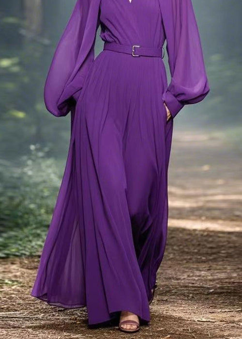 Classy Purple V Neck Pockets Patchwork Chiffon Maxi Dress Spring