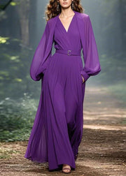 Classy Purple V Neck Pockets Patchwork Chiffon Maxi Dress Spring