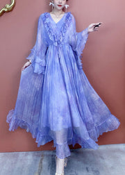 Classy Purple V Neck Ruffled Print Silk Dress Butterfly Sleeve
