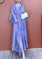 Classy Purple V Neck Ruffled Print Silk Dress Butterfly Sleeve