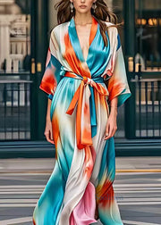 Classy Rainbow Tie Waist Silk Party Long Dress Fall