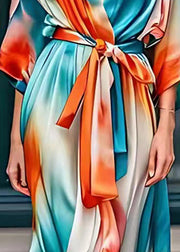 Classy Rainbow Tie Waist Silk Party Long Dress Fall