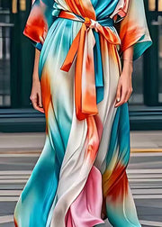 Classy Rainbow Tie Waist Silk Party Long Dress Fall