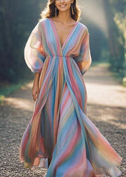 Classy Rainbow V Neck Cotton Long Dress Spring